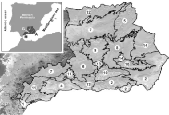 Figure 1. Geographic position of eastern Andalusia  and environmental units defined in that zone  (according to Blanca et al