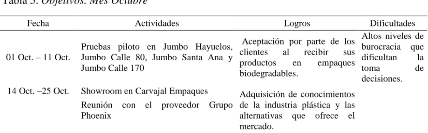 Tabla 5. Objetivos. Mes Octubre 