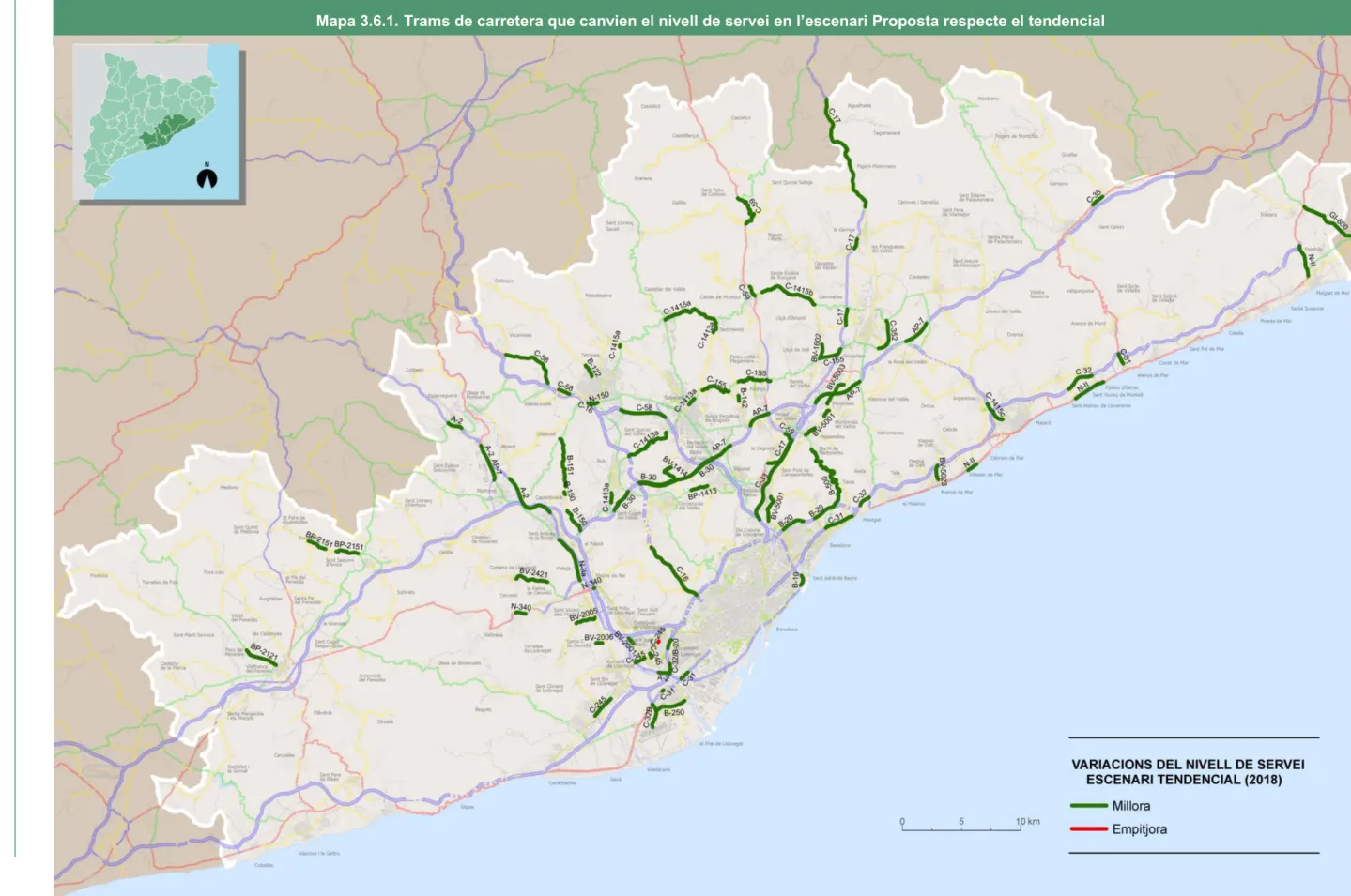 Mapa 3.6.1. Trams de carretera que canvien el nivell de servei en l’escenari Proposta respecte el tendencial      