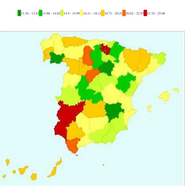 Figura  7.  Tasa de mortalidad ajustada a población europea  por provincia en España en 2012  (Fuente Centro Nacional de Epidemiología I.S