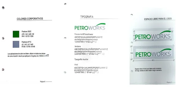 Figura 16. Especificaciones tipografía y colores  Fuente: Manual de identidad corporativa Petroworks 