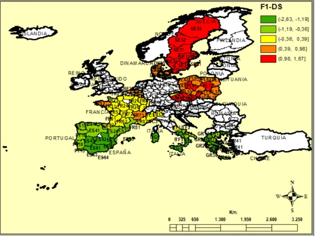 Mapa 4. NUTS II de acuerdo con el factor de desarrollo sostenible F1-DS. 