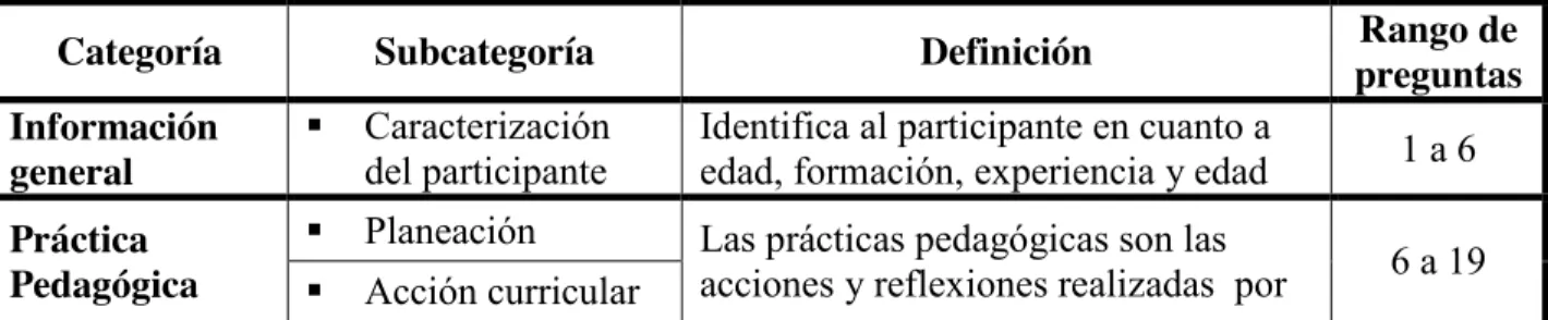 Tabla 2. Preguntas en relación a las categorías y subcategorías. 
