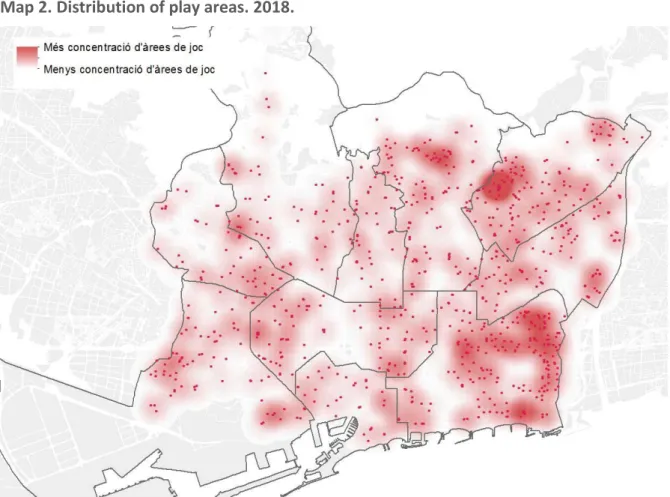 Table 2. Play areas in Barcelona, by district, total number and surface area in m 2 .  2018