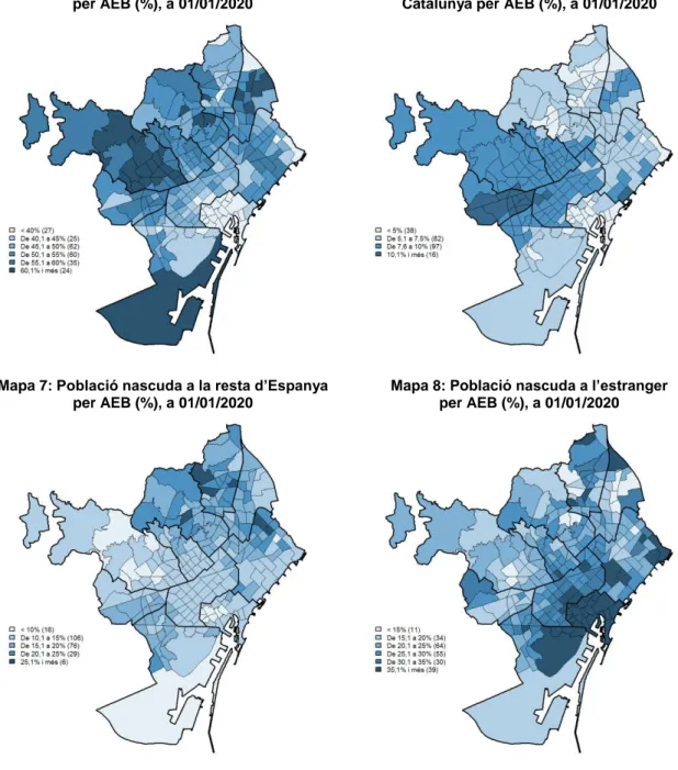 Mapa 6: Població nascuda a la resta de  Catalunya per AEB (%), a 01/01/2020 