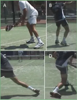 Figura  5.  Ejemplos  del  comportamiento  del  pie  en  diferentes  tipos  de  golpeos  (A-golpeo  cómodo  de  derecha,  B-  remate,  C-  golpeo  forzado  con  arrastre  del  antepié  anterior,  D-  golpeo  forzado con  arrastre  del  antepié  anterior  y
