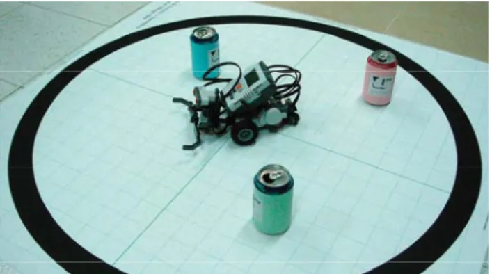 Fig. 1. Lab-work project: the robot has to take three objects outside of a black circumference.