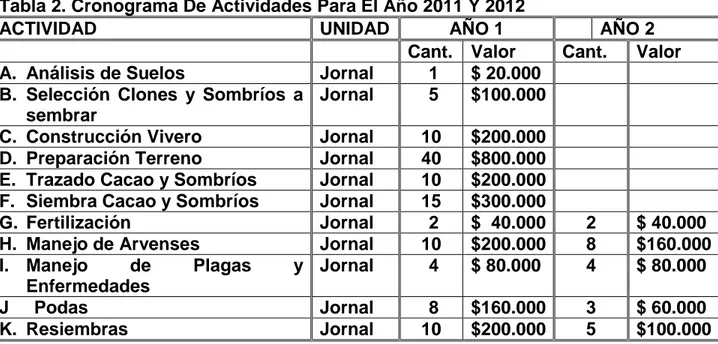 Tabla 2. Cronograma De Actividades Para El Año 2011 Y 2012 