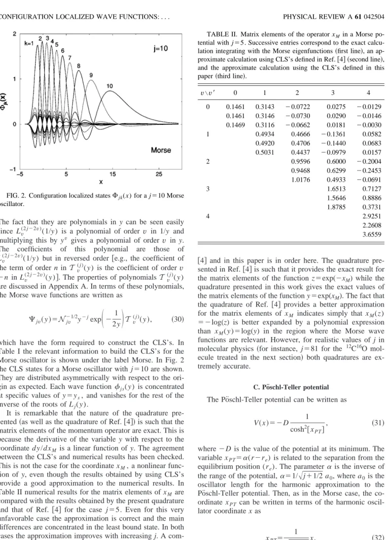TABLE II. Matrix elements of the operator x M in a Morse po- po-tential with j ⫽5. Successive entries correspond to the exact  calcu-lation integrating with the Morse eigenfunctions 共first line兲, an  ap-proximate calculation using CLS’s defined in Ref
