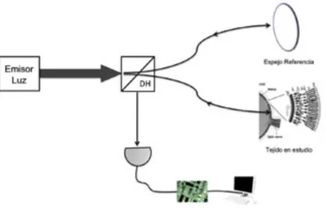 FIGURA	
  5 :	
  Bases	
  físicas	
  de	
  la	
  OCT.	
  El	
  generador	
  emite	
  la	
  luz	
  infrarroja	
  que	
  será	
  dividida	
  en	
  dos	
  en	
   el	
  divisor	
  de	
  haces	
  (DH)	
  hacia	
  el	
  espejo	
  de	
  referencia	
  y	
  hacia	
