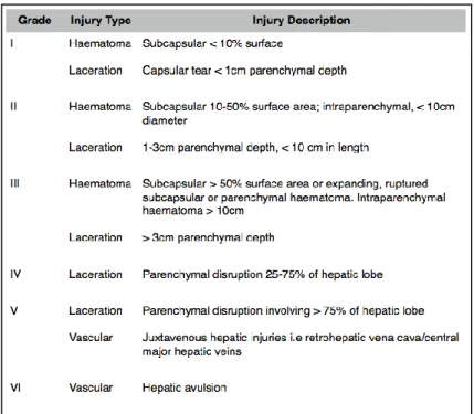 Figura 1.13    Escala de lesiones por traumatismo hepático de la AAST (37) . 