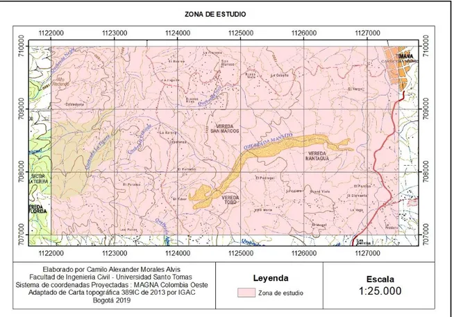 Figura 1. Zona de estudio, adaptada y modificada de “Carta topográfica 389IC de 2013,  Timaná, departamento del Huila”, por autor, 2019