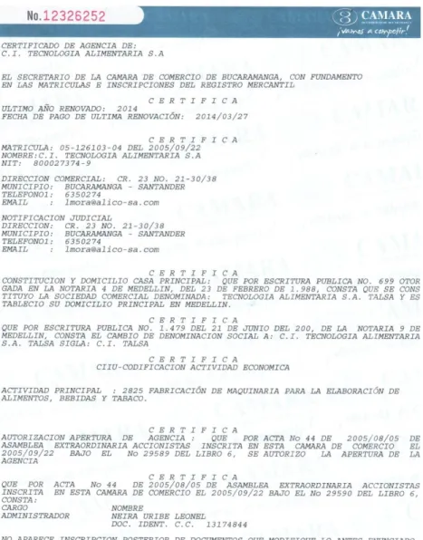 Figura 2. Certificado Cámara de Comercio 