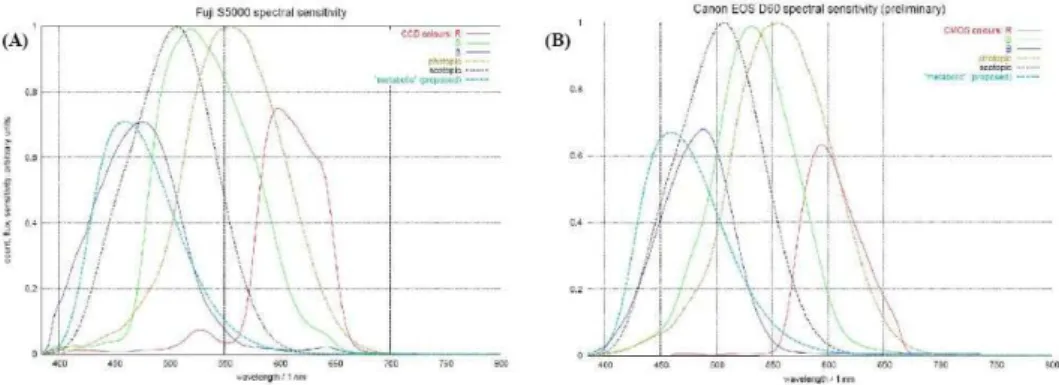 Figura 13 Comparativa de la respuesta espectral entre cámaras comerciales CCD y  CMOS (Fuente Teikari 2007 / Hollan 2004) 