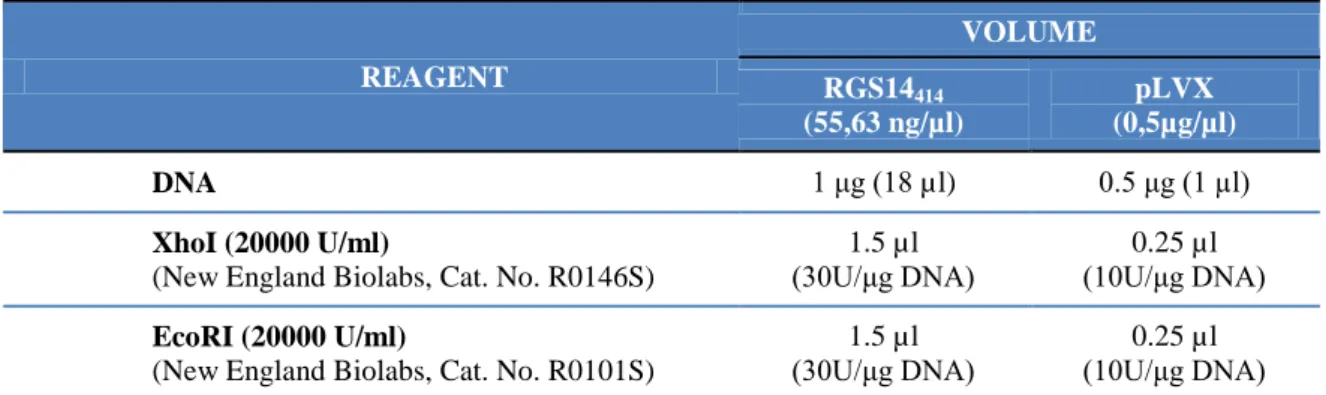 Table 4. Restriction reaction of RGS14 414  and pLVX lentiviral vector. 