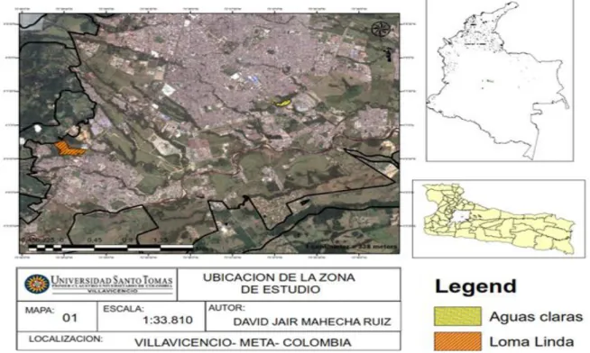 Figura 2. Mapa de la ubicación del campus  Aguas  Claras  y campus  Loma  Linda de la Universidad Santo Tomás,  correspondiente a la zona de estudio, por Mahecha D, 2018- ArcMap 10.2.2 