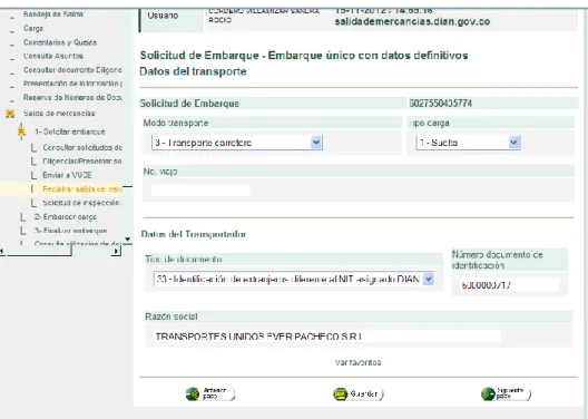 Figura 13. Datos del transporte 