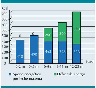 Figura 1.  En la figura se muestran los requerimientos  energéticos totales en niños de 0 a 23 meses de edad
