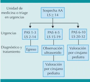 Figura 3.  Propuesta de algoritmo para la evaluación  de  niños  con  sospecha  de  apendicitis  aguda