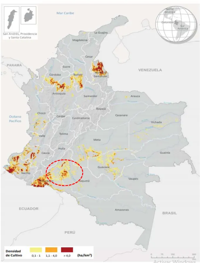 Ilustración 1  Mapa de la densidad de cultivo de coca en Colombia, 2017 