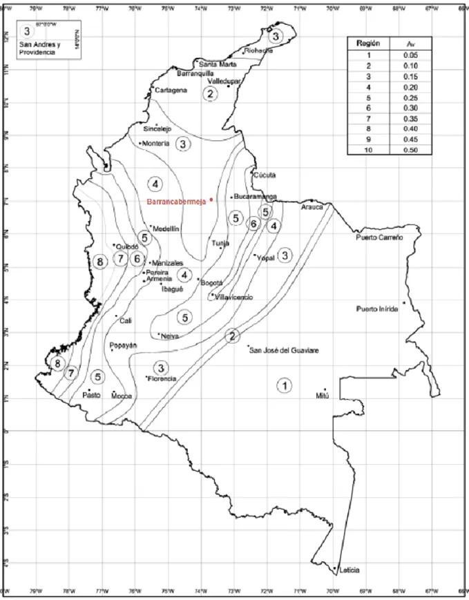 Figura 11. Mapa de valores de Aa.   Adaptado de NSR-10, 2010, pp. A-18. 