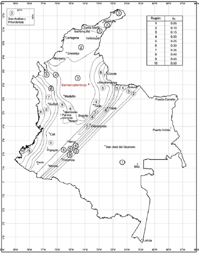 Figura 12. Mapa de valores de Av.   Adaptado de NSR-10, 2010, pp. A-19. 