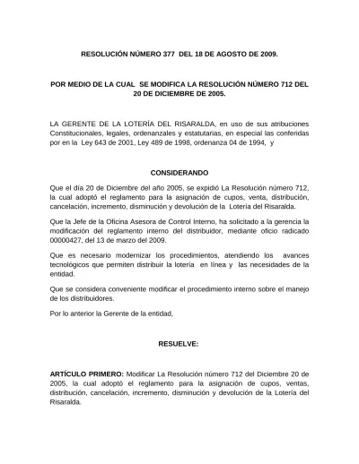 ResoluciÓn NÚmero 377 Del 18 De Agosto De Por Medio De La Cual Se