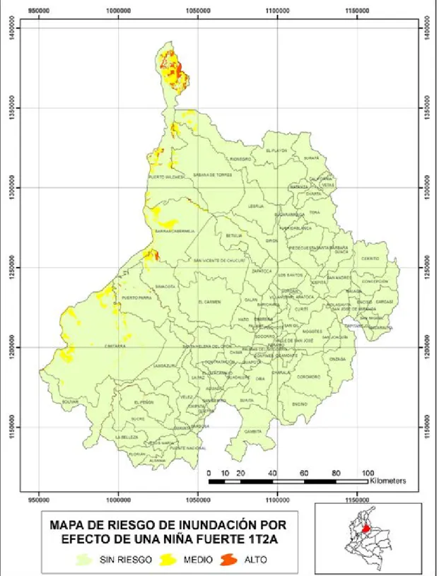 Figura 8. Mapa con el mayor riesgo a inundaciones para un fenómeno de La Niña Fuerte 1T2A en  el departamento de Santander