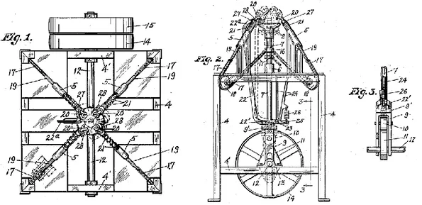 Figura 2.  Máquina descascaradora de coco inventada por G. Celaya.  Adaptado de [7] 