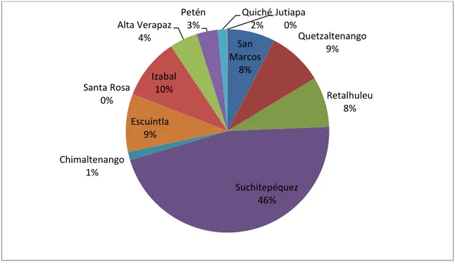 Figura 1. Porcentaje de hectáreas sembradas por departamento en Guatemala. 