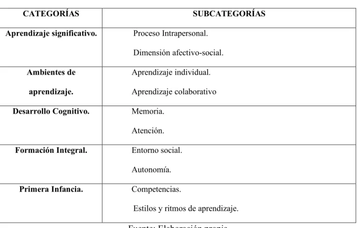 Tabla N° 1. Sistema de categorías del proyecto. 