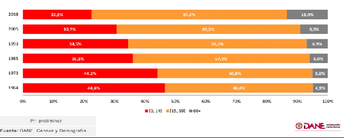 Figura 1. Distribución de la población por edades  Fuente: (DANE, 2018) 