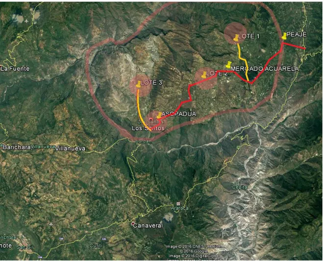 Figura 16. Localización lotes estudiados para el proyecto.  Ilustración hecha por el autor con base en Google Earth 