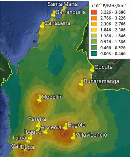 Figura 16. EUE de los sistemas PMP en la banda de 138 - 174 MHz en ciudades principales de  Colombia