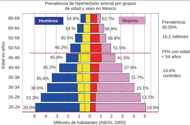 Fig. 2. Prevalencia de hipertensión arterial en México por grupos de edad y sexo. Censo de población y vivienda del INEGI para el año 2000.