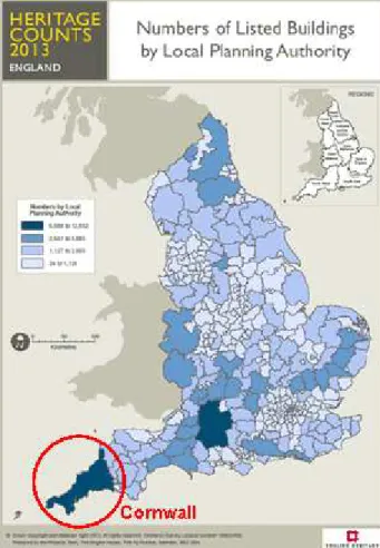 Figure 2. Map of England showing numbers of listed buildings by local authority. (Dark blue indicates  highest level of listed buildings) 