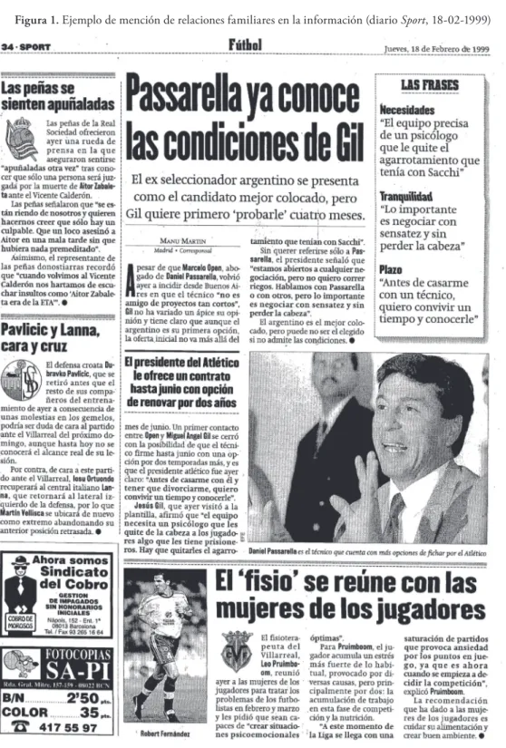 Figura 1.  Ejemplo de mención de relaciones familiares en la información (diario Sport, 18-02-1999) 