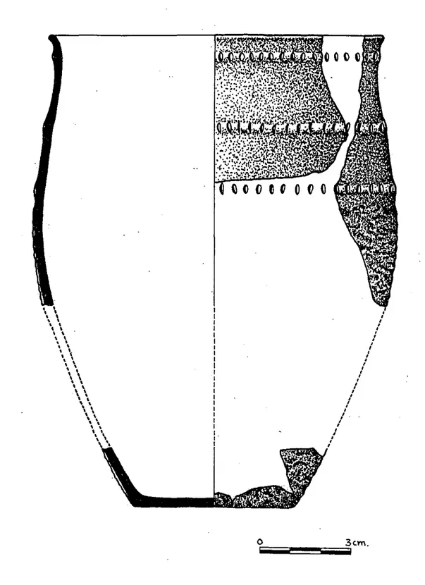 Fig. 6.  Orza con decoración plástica e impresa del Tarrerón (La Veguilla),  según Armendariz Gutiérrez (1992) 