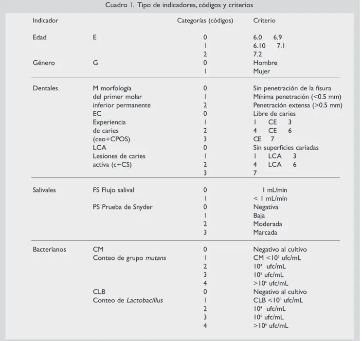 Cuadro 1. Tipo de indicadores, códigos y criterios