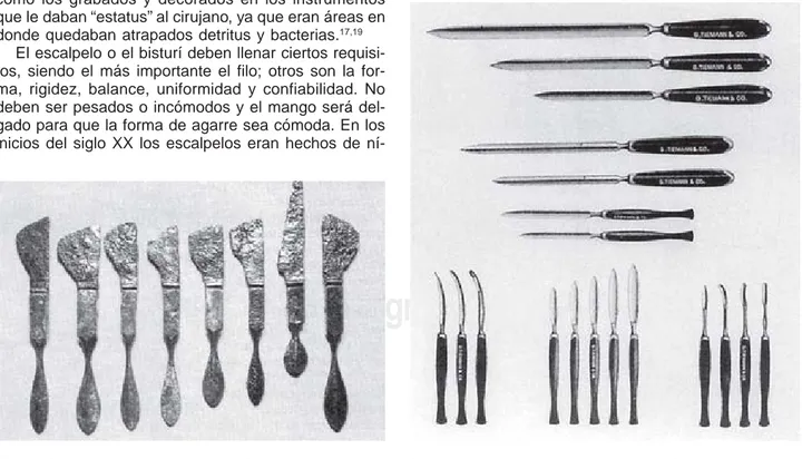 Fig. 10. Escalpelos romanos (siglo I d.C.). Fig. 11. Instrumentos de corte del siglo XIX.