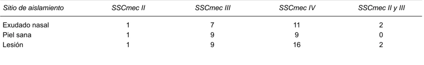 Cuadro 4.  Identificación del tipo de SSCmec realizada a los 68 aislamientos de Staphylococcus aureus resistente a meticilina en pacientes  con piodermitis del Hospital General Dr