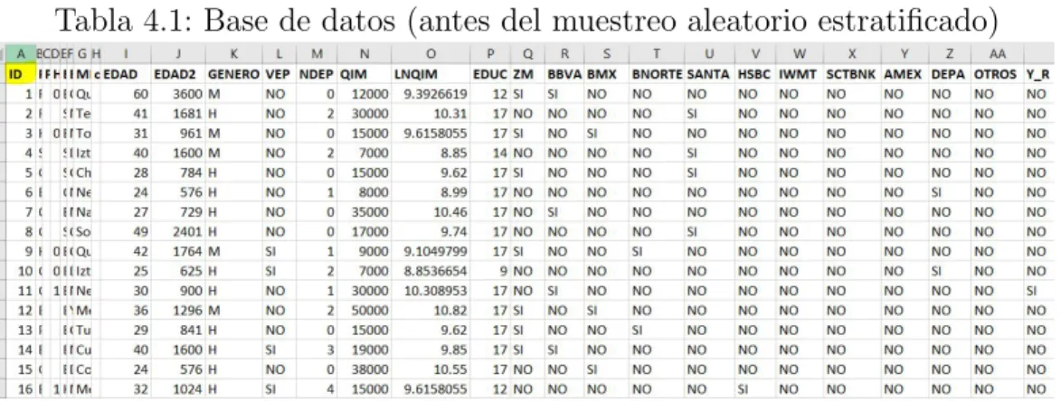 Tabla 4.1: Base de datos (antes del muestreo aleatorio estratificado)