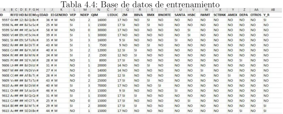 Tabla 4.4: Base de datos de entrenamiento