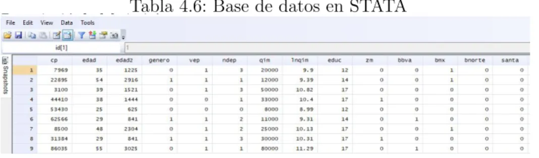 Tabla 4.6: Base de datos en STATA