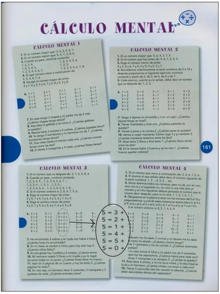FIGURA 2: Páginas con ejercicios de cálculo mental del libro de primero de Ed. 
