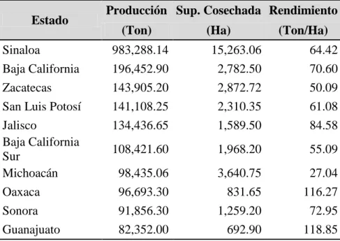 Tabla 2. Producción de jitomate en México [19] 