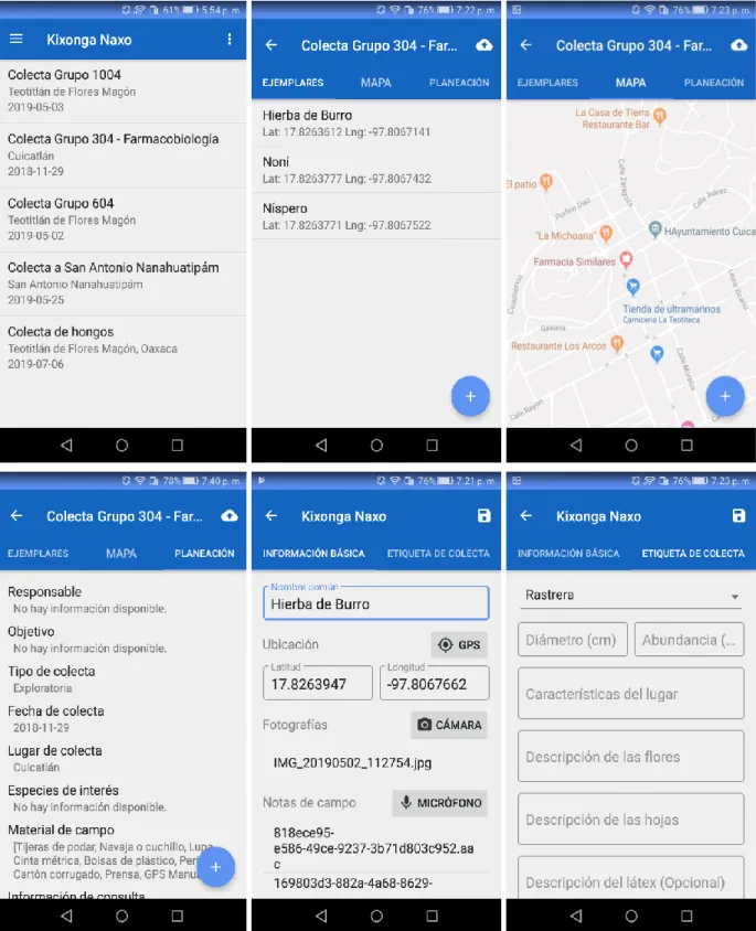 Figura 39. Capturas de pantalla de la aplicación móvil para la recolección de plantas