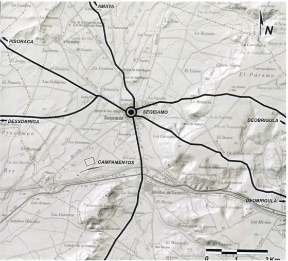 Fig. 1: Mapa en el que se ilustra el nudo de comunicaciones que era Sasamón (Basado en Didirjean y  Abásolo, 2007)