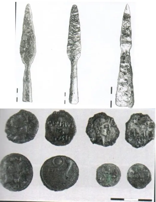 Fig. 5 y 6: Puntas de lanza y monedas halladas en el campamento (Camino Mayor et alii, 2007)