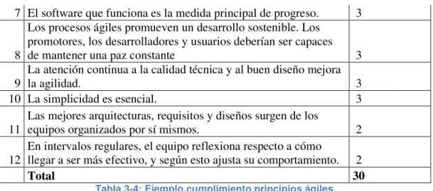 Tabla 3-4: Ejemplo cumplimiento principios ágiles 